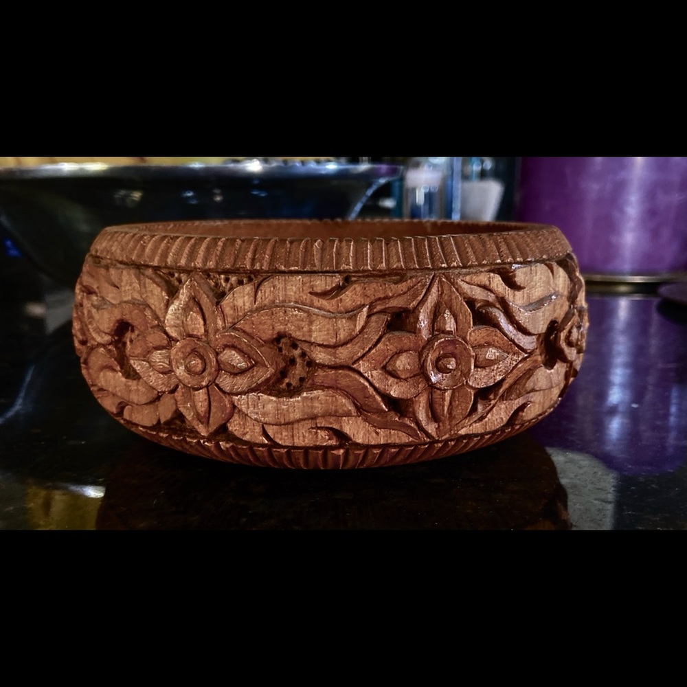 Hand carved, Indonesian unique vintage floral bowl
